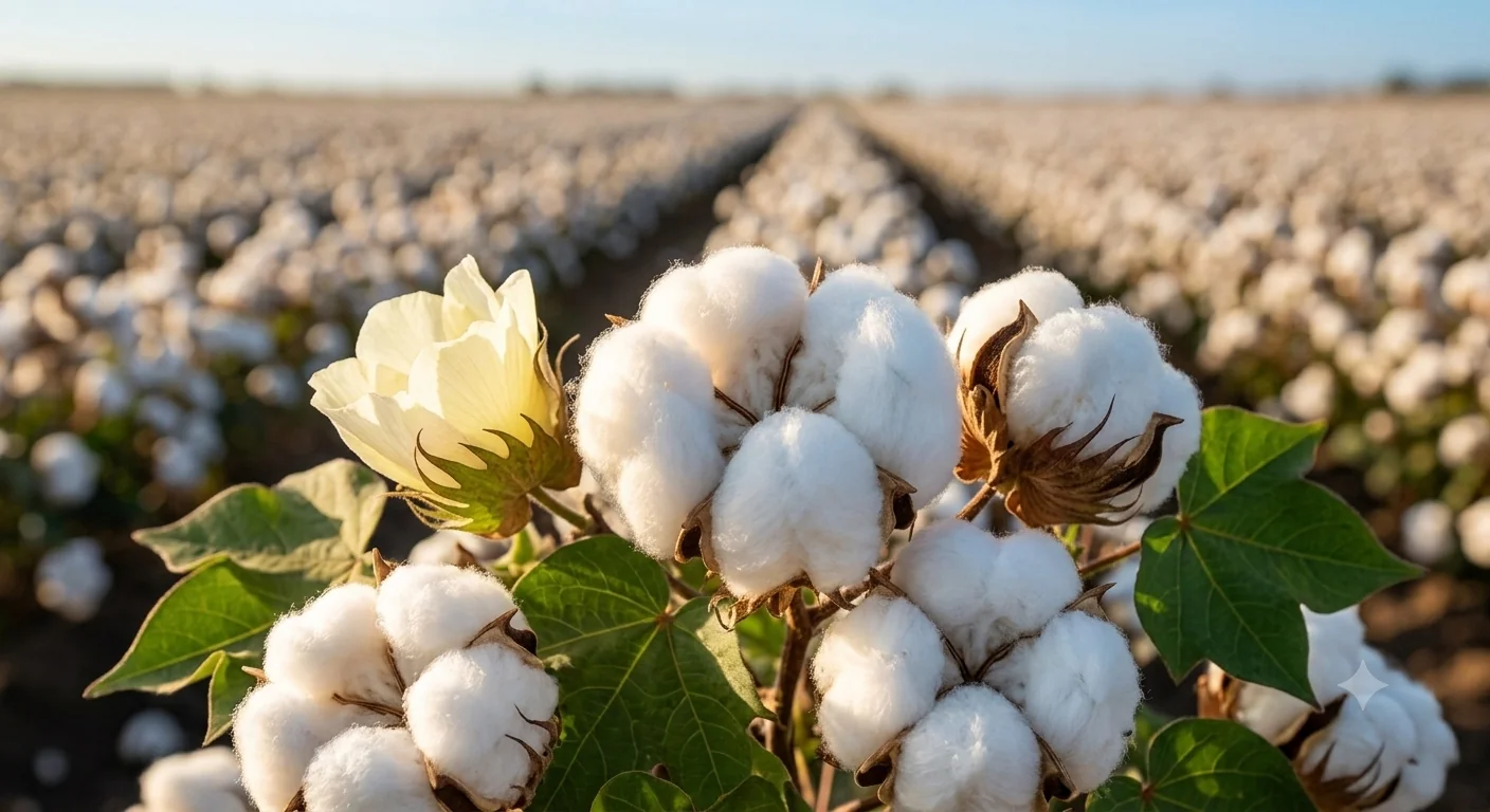 Close-up of natural organic cotton plants growing in field